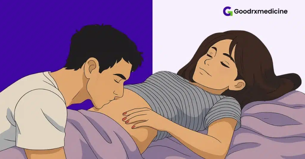 Man kissing woman’s stomach during foreplay