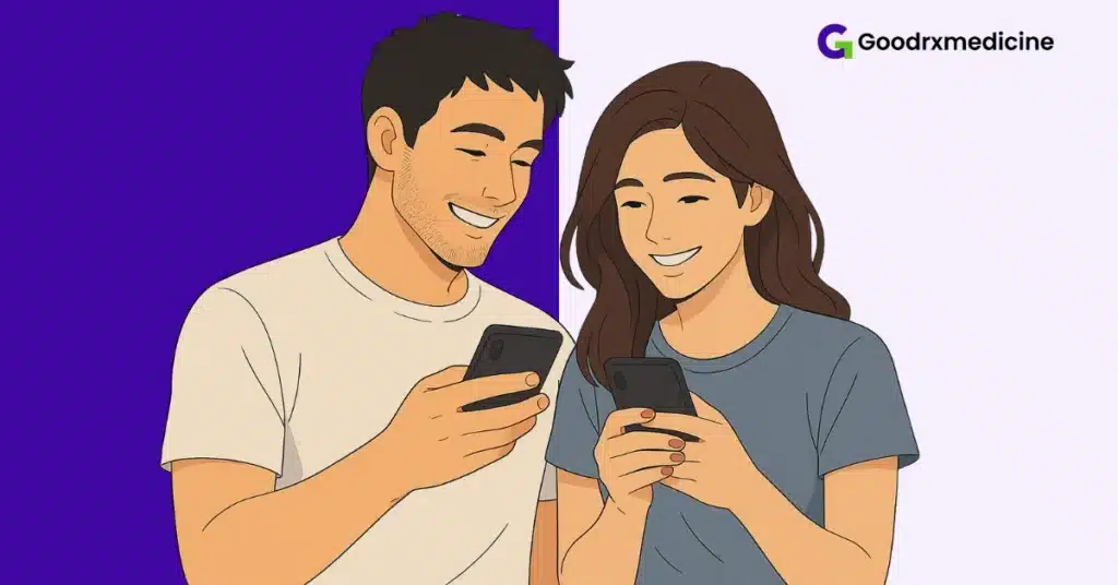 Couple flirting over text with playful smiles