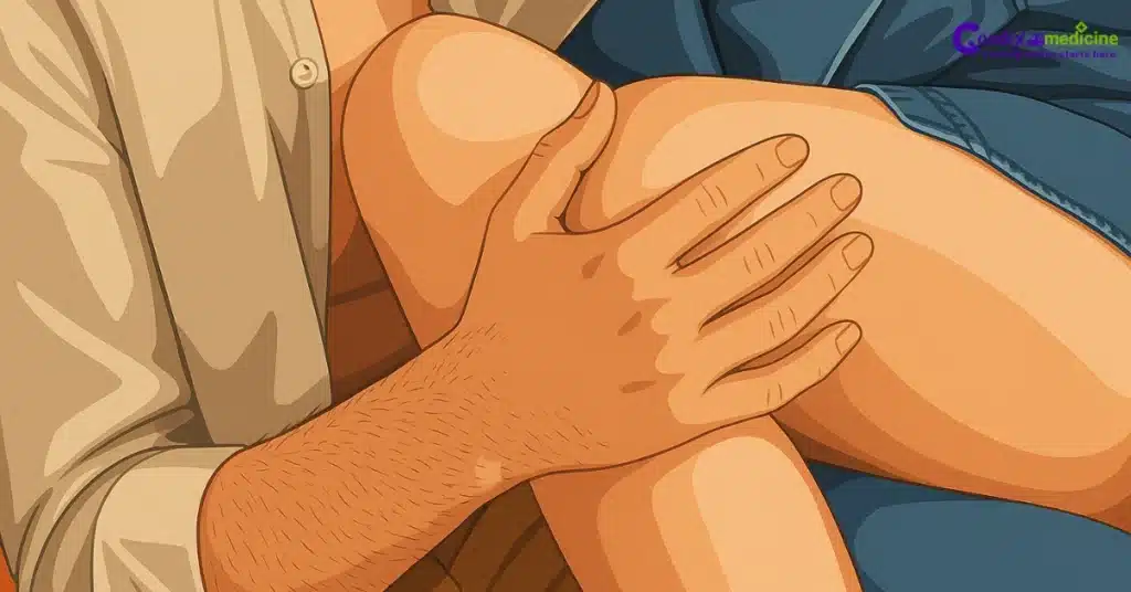 Soft, sensual touch on a woman’s thigh creating intimate excitement