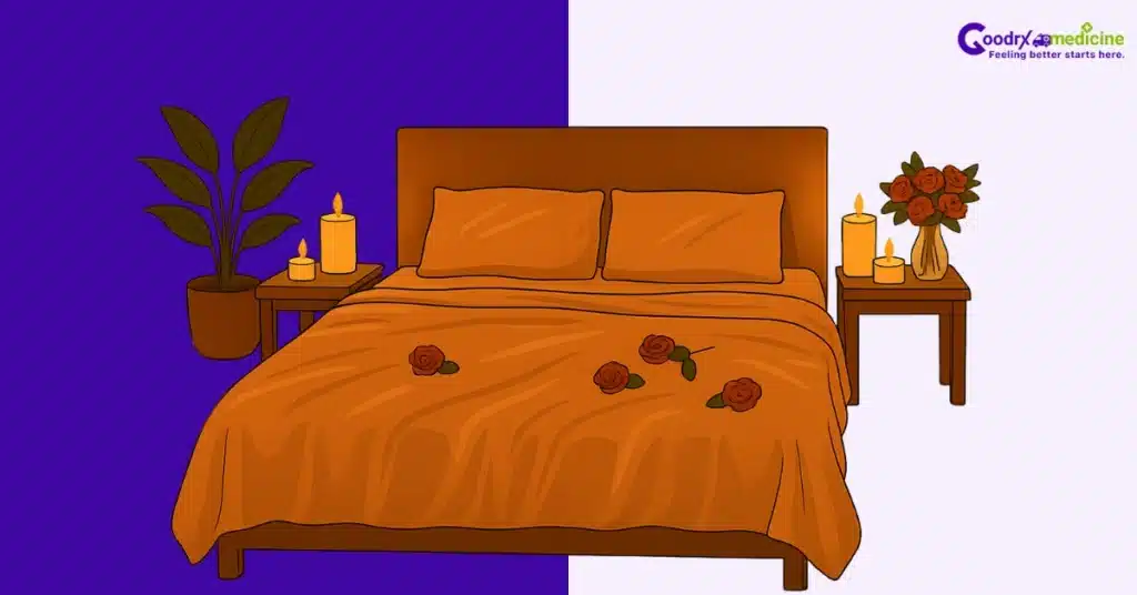 Softly lit bedroom with candles & flowers