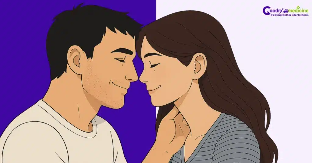 Soft hand on a woman’s neck symbolizing foreplay and connection