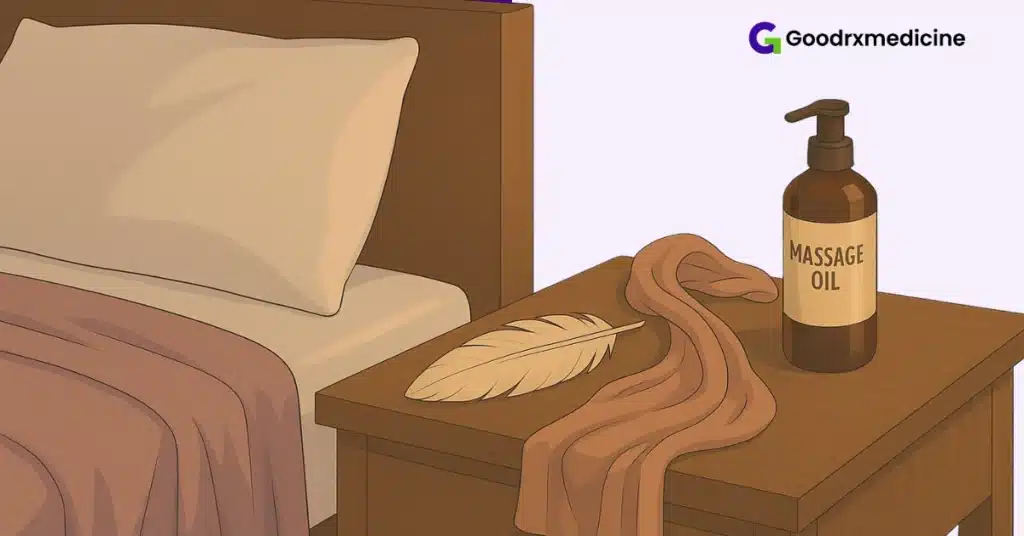 Intimacy tools like feather, silk scarf, and massage oil on a bedside table