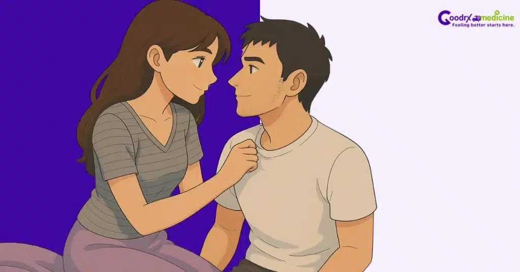 Woman tugging her partner closer, showing interest and desire