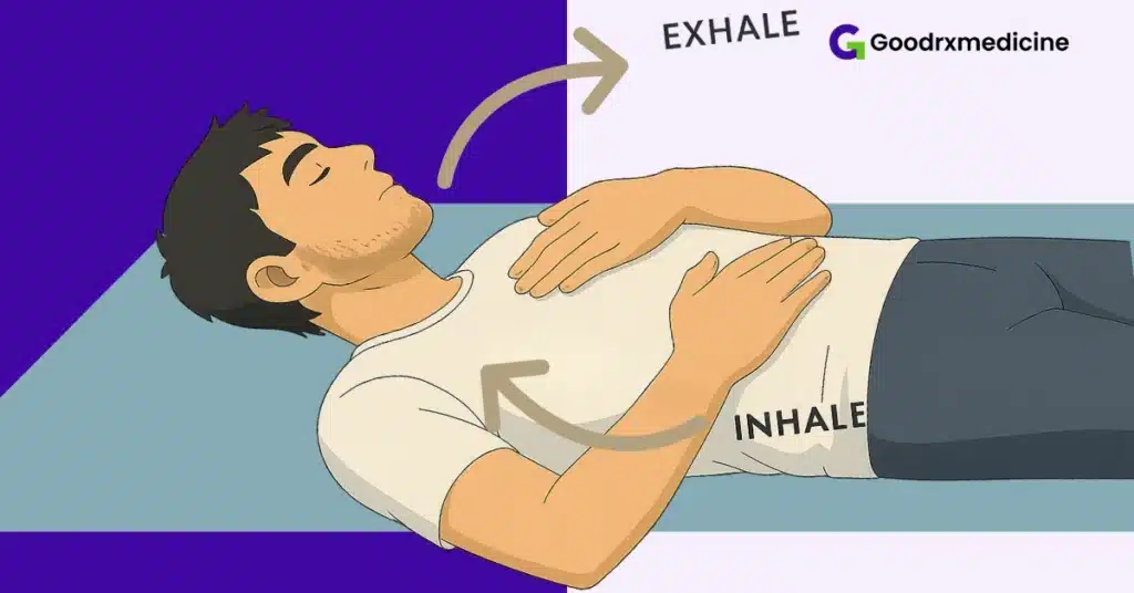 Man lying down doing deep breathing for calmness