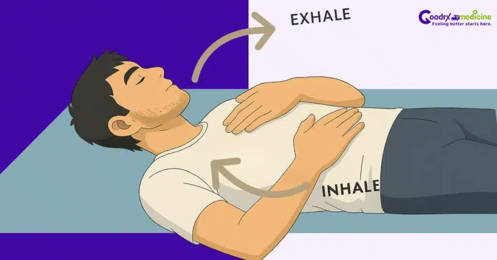 Man lying down doing deep breathing for calmness
