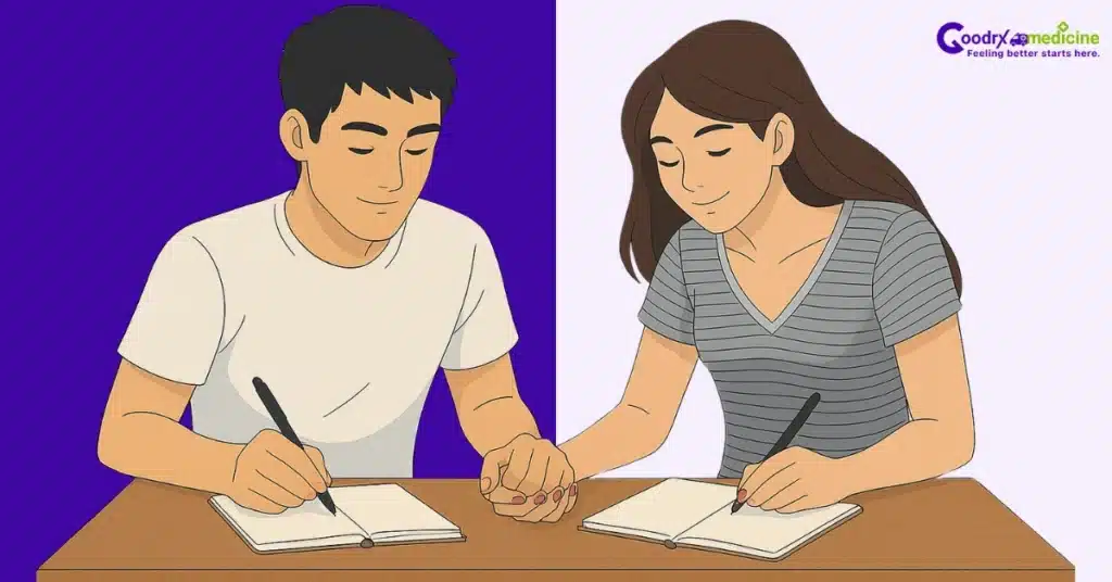 Couple holding hands while journaling