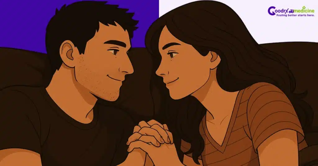 Couple holding hands in a sensual, dimly lit room