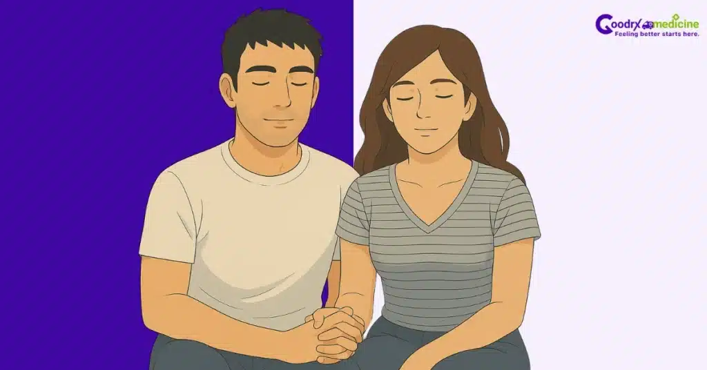 Partners sitting close with eyes closed in mindfulness