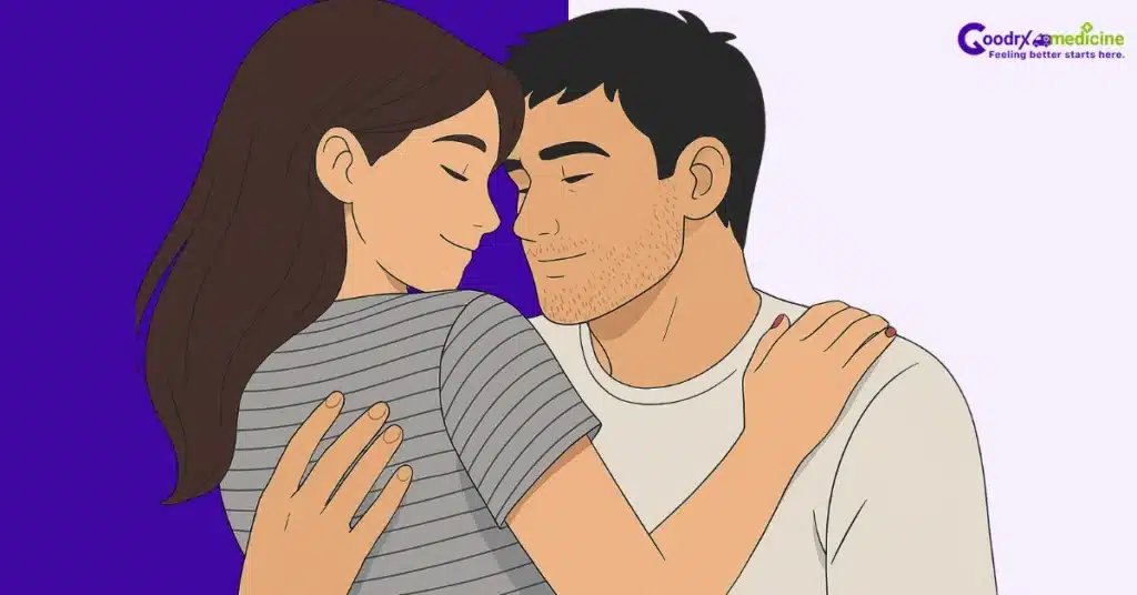 Hand resting gently on partner’s back for reassurance