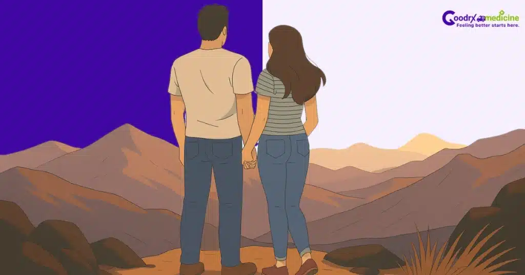 Couple on mountain peak looking toward shared future