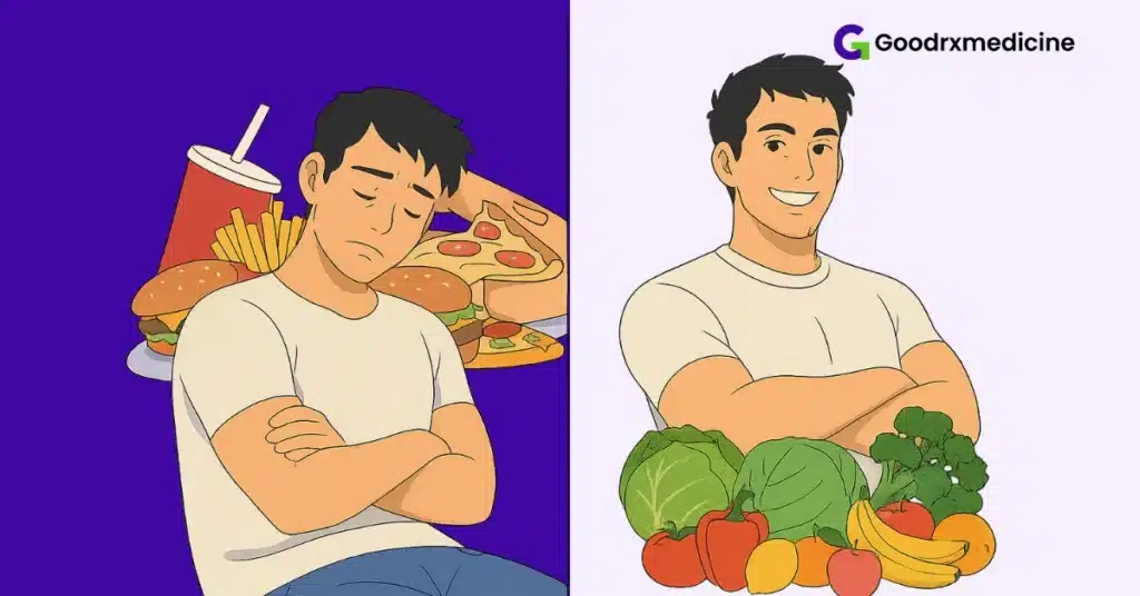 Split image of pizza and soda compared with fruits and lean proteins