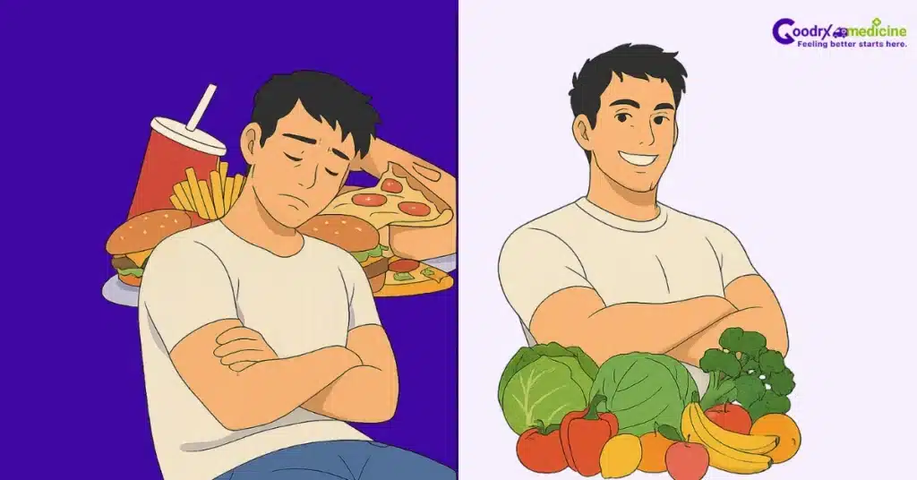Split image of junk food and healthy food choices