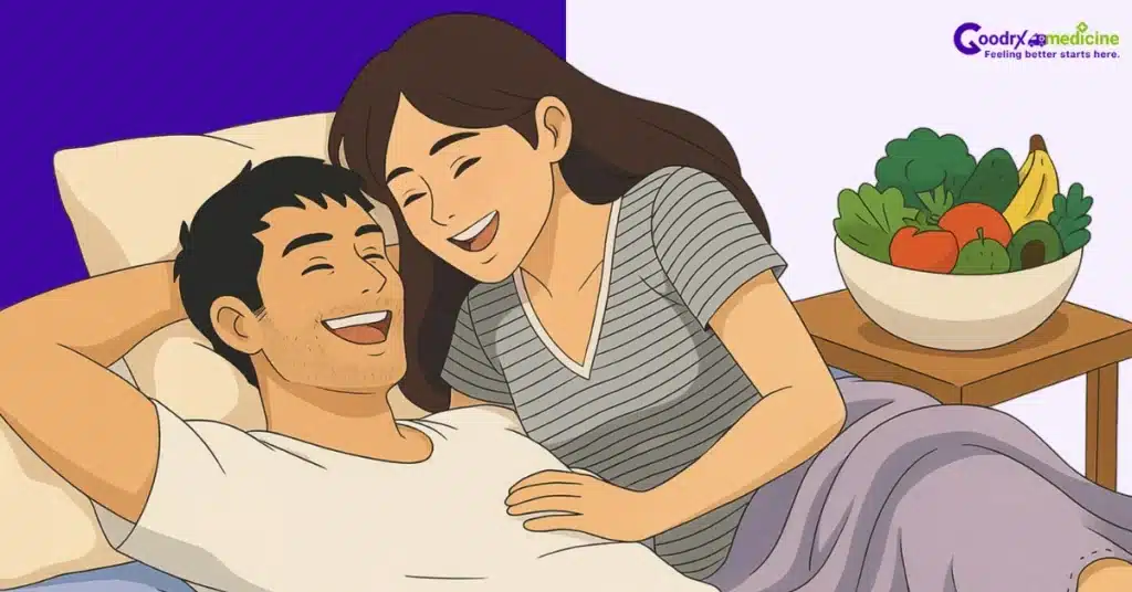 Healthy couple connecting with fruits and veggies in the background