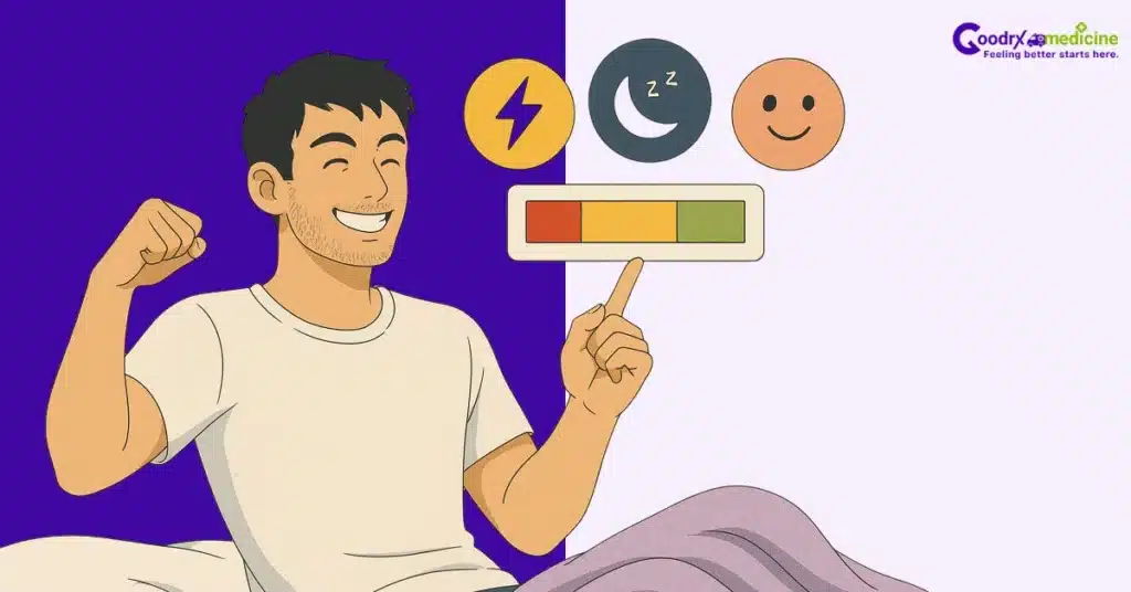 Man tracking energy levels with stamina, sleep, and mood icons infographic