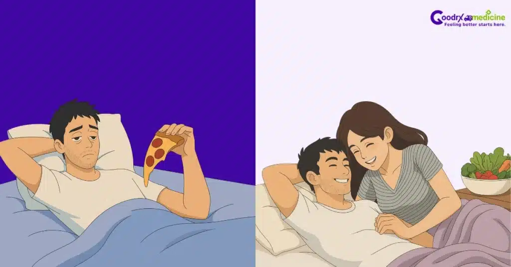 Tired man in bed with pizza vs energetic man after healthy meal