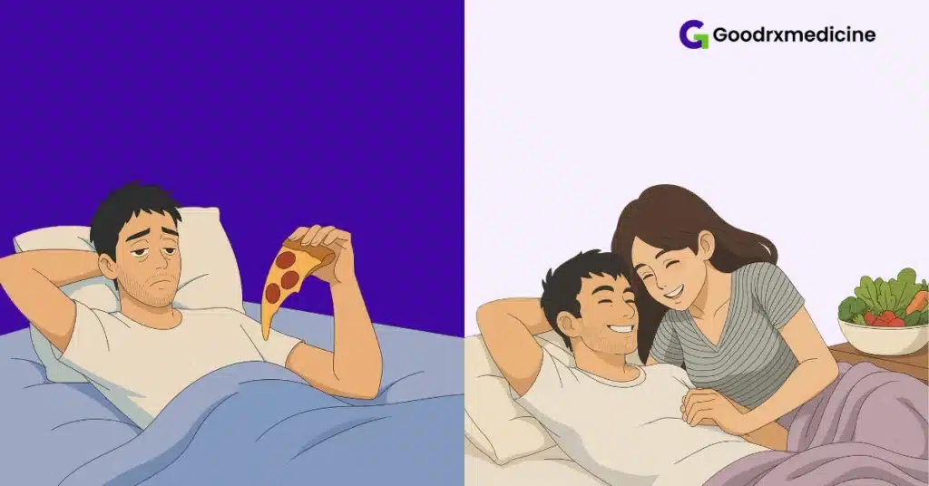 Illustration of a tired man with junk food contrasted with an energetic version after healthy meals