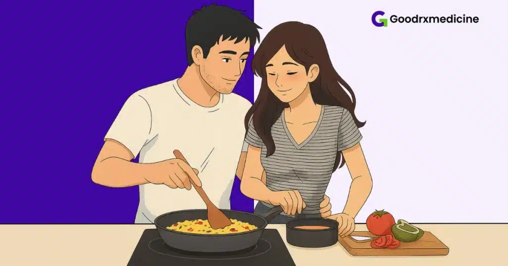 Couple cooking healthy lunch together