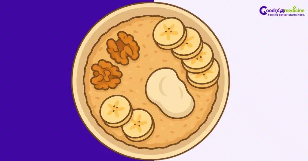 Oatmeal bowl with banana, walnuts, and yogurt