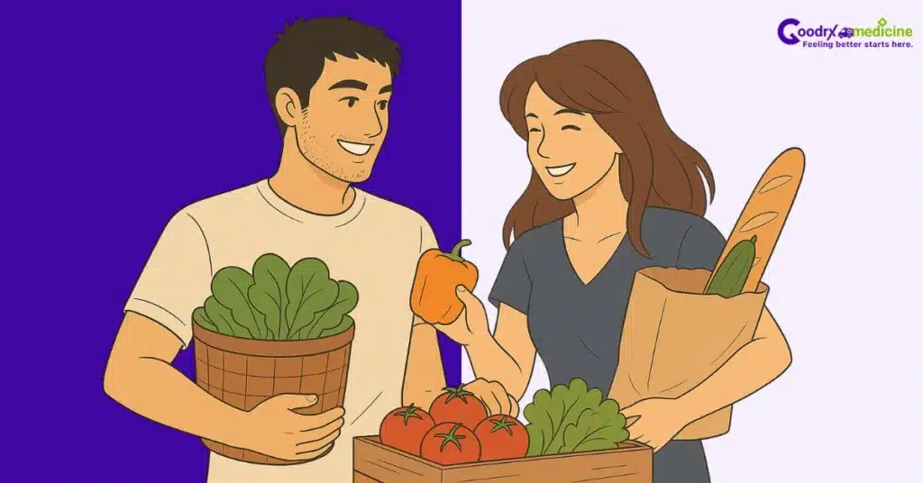 Couple smiling while buying healthy groceries