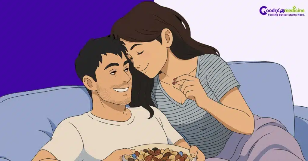 Couple cuddling and sharing healthy trail mix
