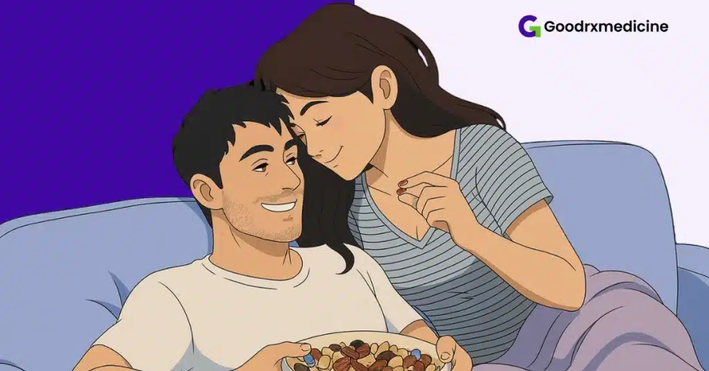 Couple cuddling and sharing healthy trail mix