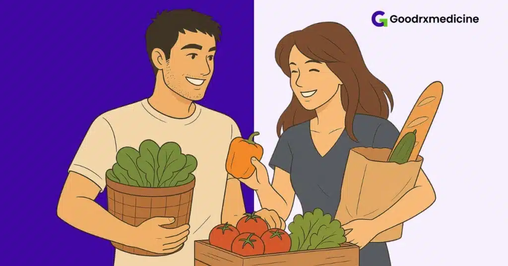 Couple smiling while buying healthy groceries