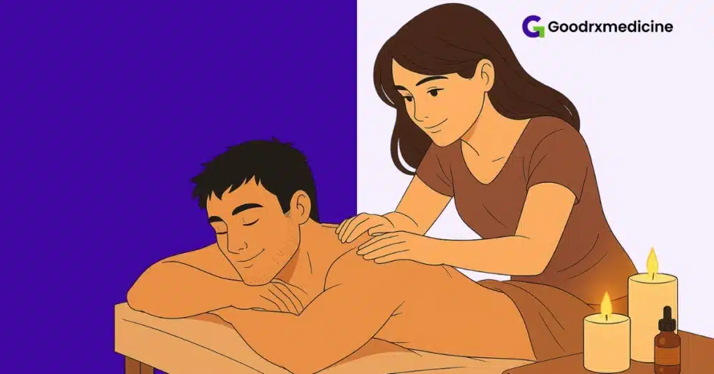 Partner giving gentle back massage in warm lighting