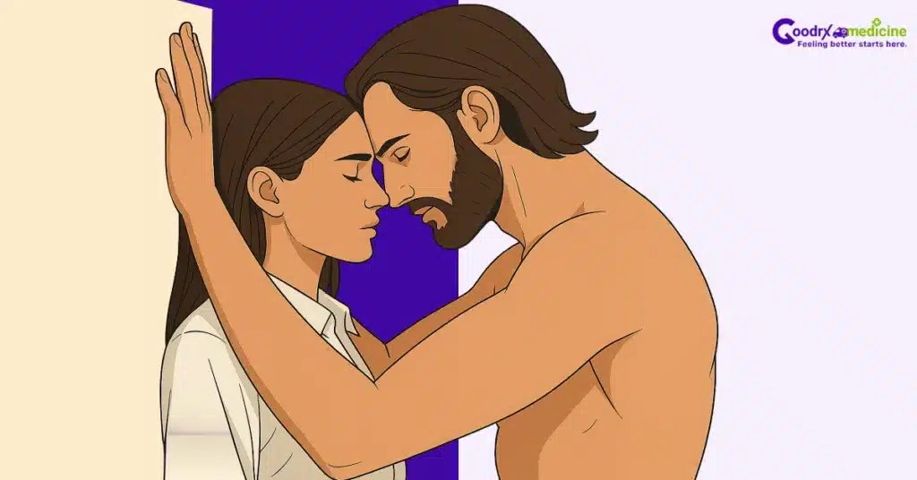 Wall embrace showing slowed, sensual moment