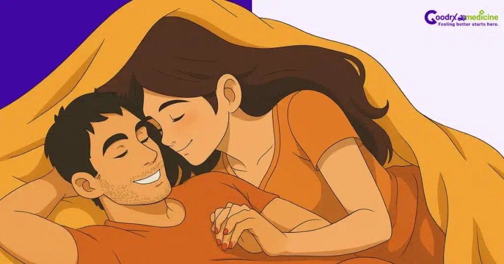 Couple cuddling under a cozy blanket