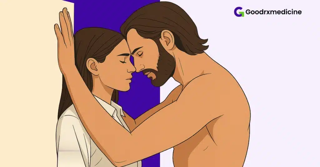 Wall embrace showing slowed, sensual moment