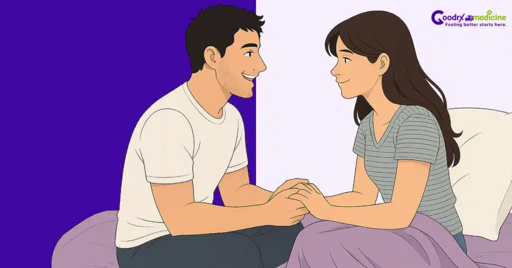 Smiling couple sitting close in bed