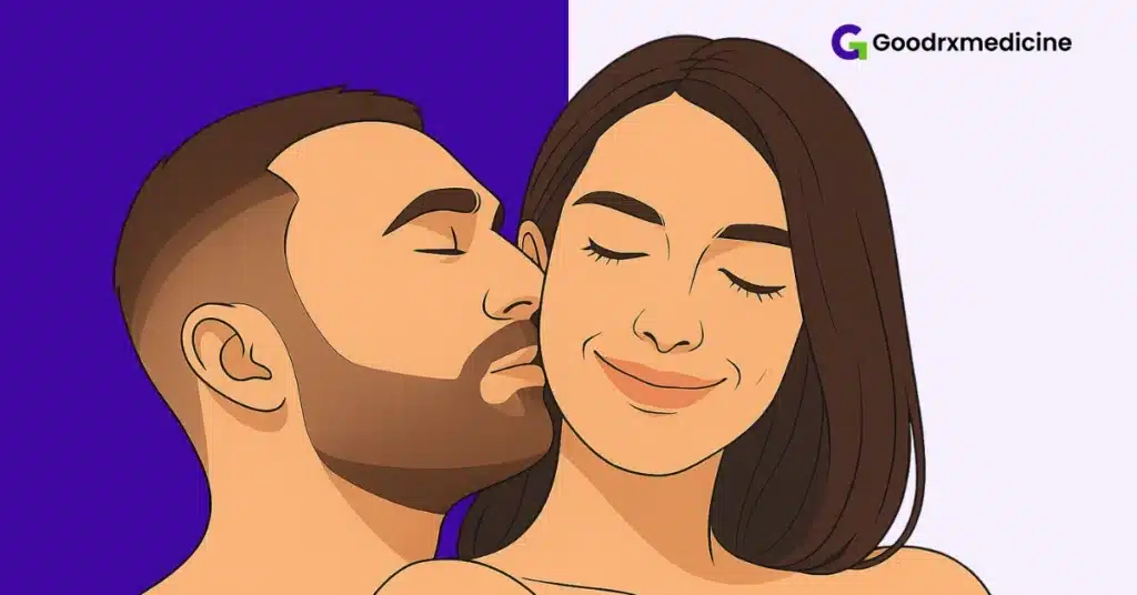 Couple whispering playfully with teasing smiles