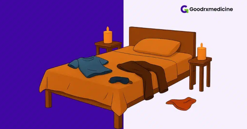 Dimly lit bedroom with playful foreplay props