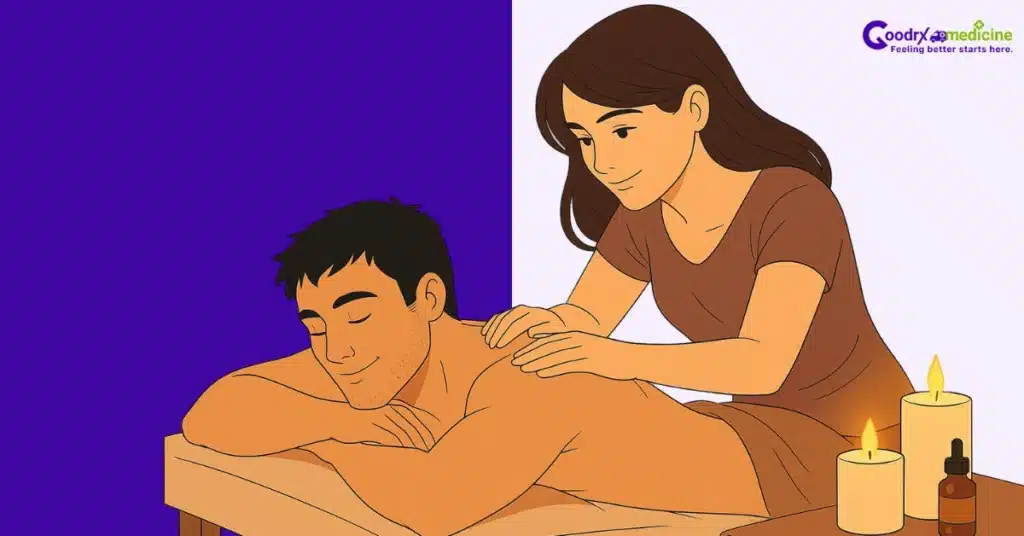 Partner giving gentle back massage in warm lighting