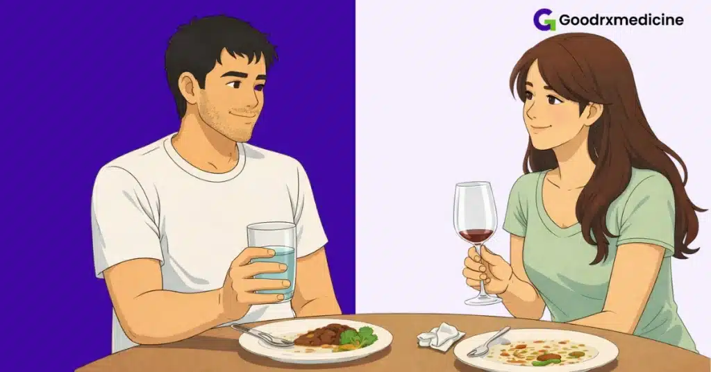Couple balancing wine, food, and water for mindful drinking
