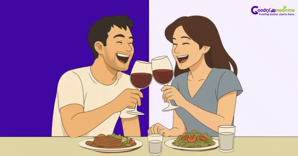 Couple enjoying wine with food and water