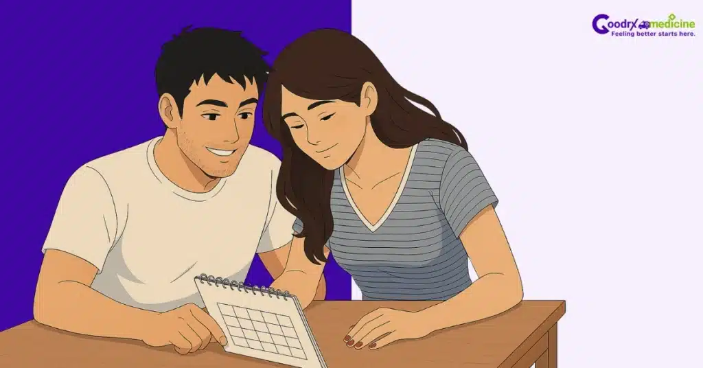 Couple looking at a calendar, setting goals for improving intimacy