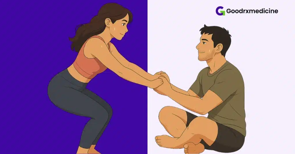 Playful couple doing partner yoga and laughing