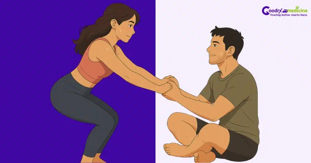 Playful couple doing partner yoga and laughing