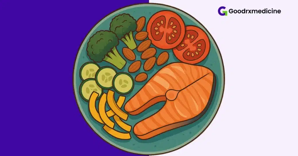 Plate with fish, veggies, and nuts for sexual health