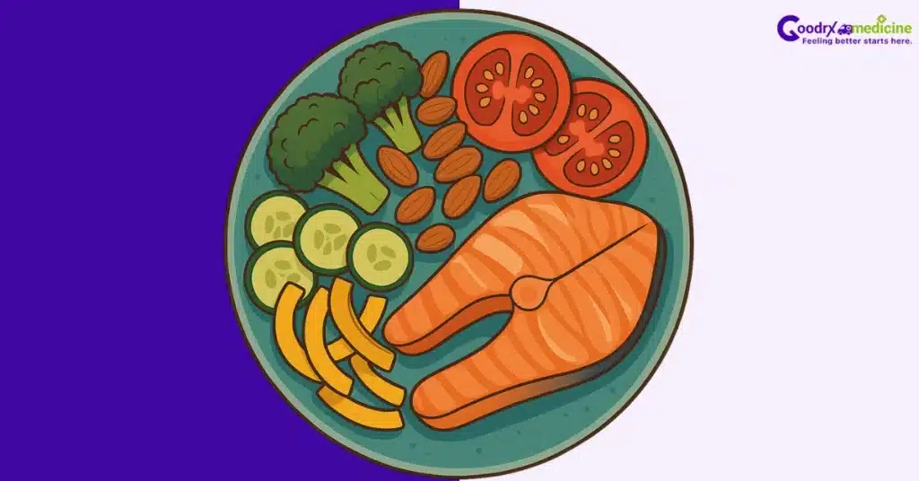 Plate with fish, veggies, and nuts for sexual health