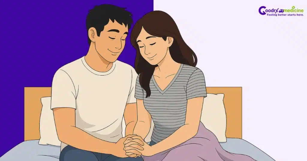 Partners sitting together on bed, sharing a calm, intentional moment before intimacy