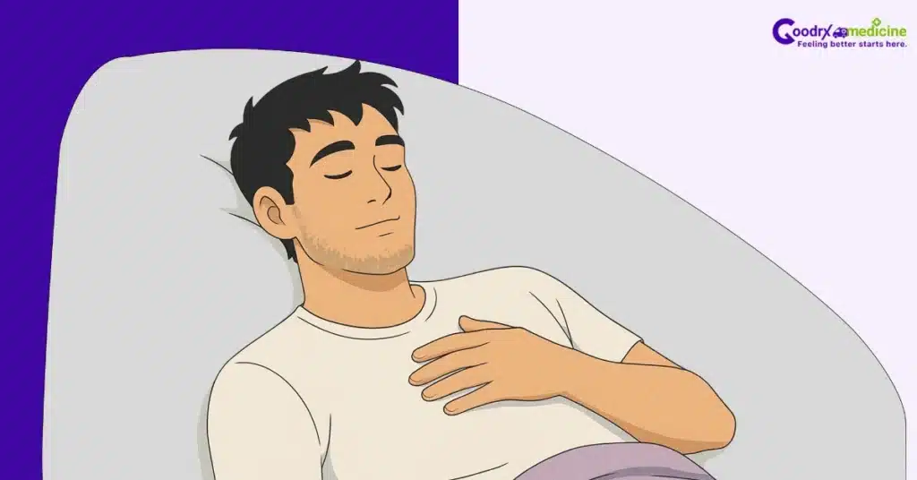 Peaceful man lying with eyes closed, practicing mindful breathing