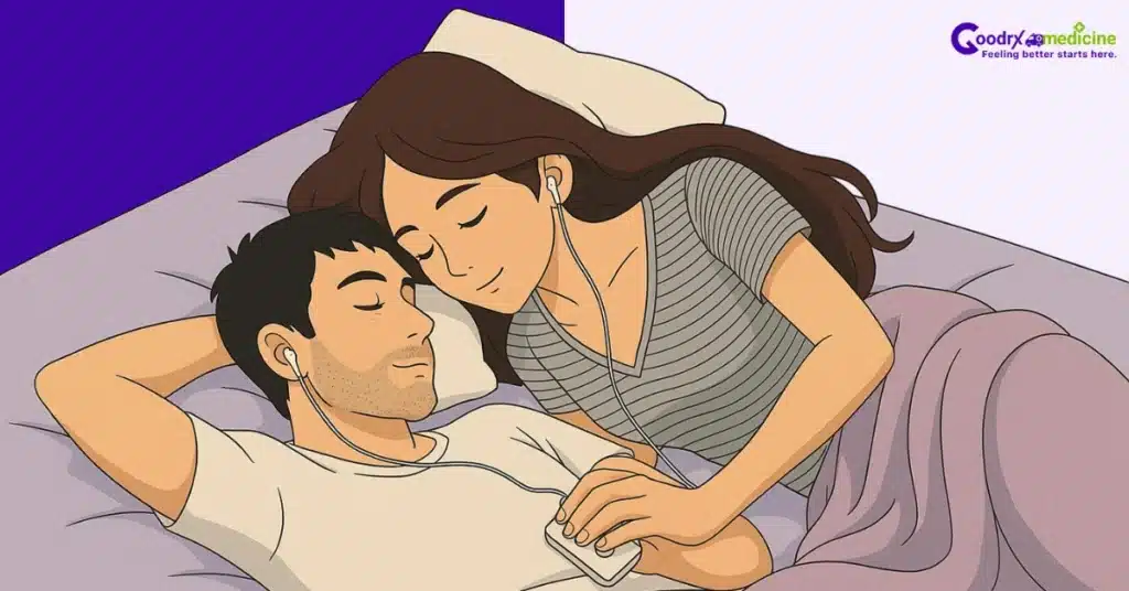 Partners relaxing with eyes closed, focusing on quiet music for mindfulness