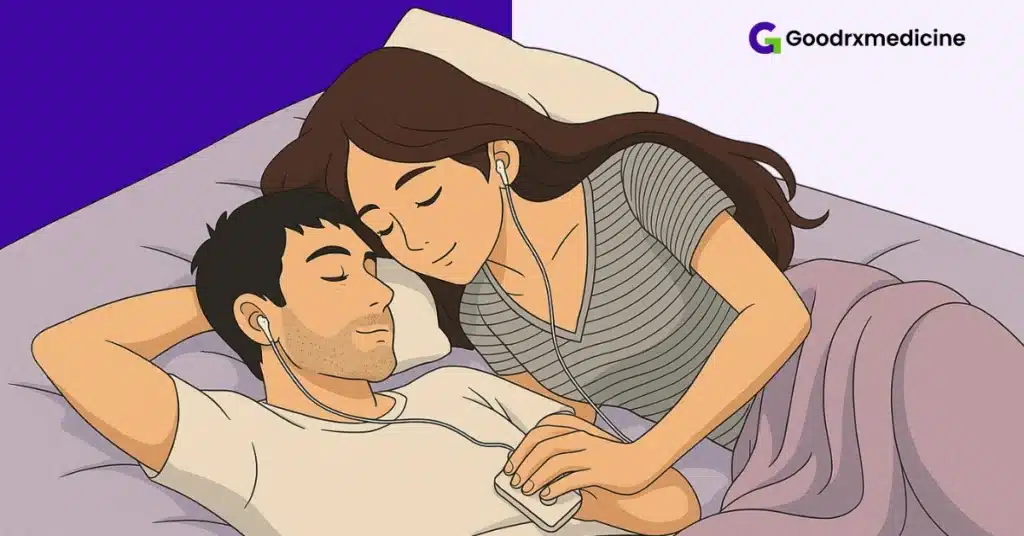 Couple listening to calming music to stay present during intimacy