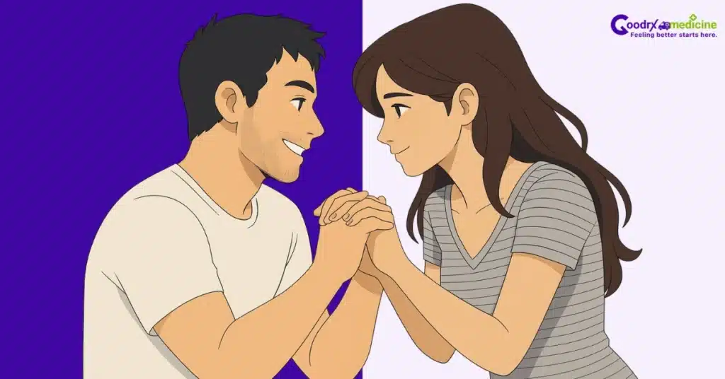 Couple beginning with simple actions like holding hands to reduce anxiety