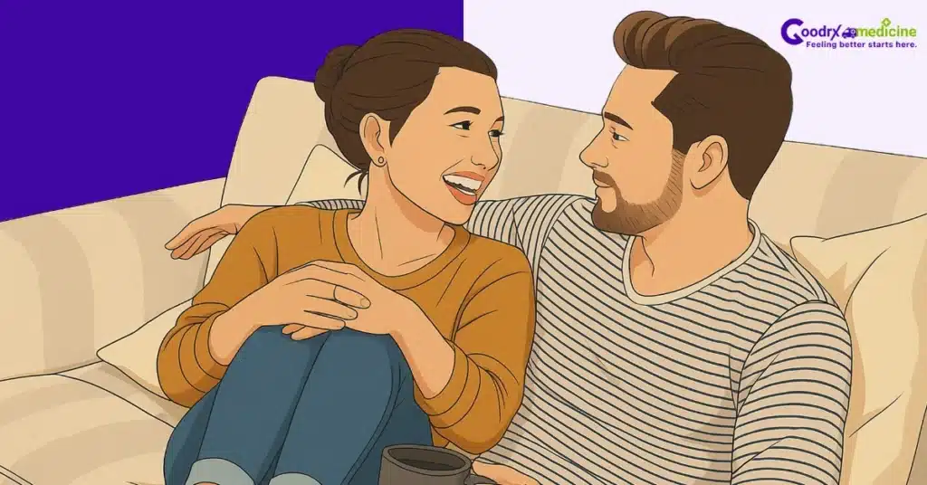 Couple holding hands on the sofa while talking to communicate and connect
