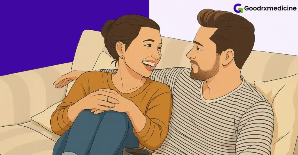 Couple holding hands on the sofa while talking to communicate and connect