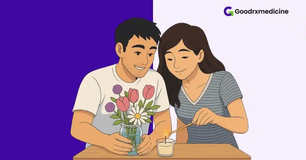 Partners setting a romantic mood with flowers and candles