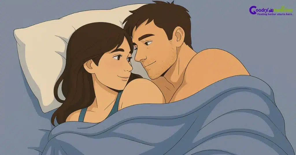 Romantic couple cuddling in a spooning position on bed.